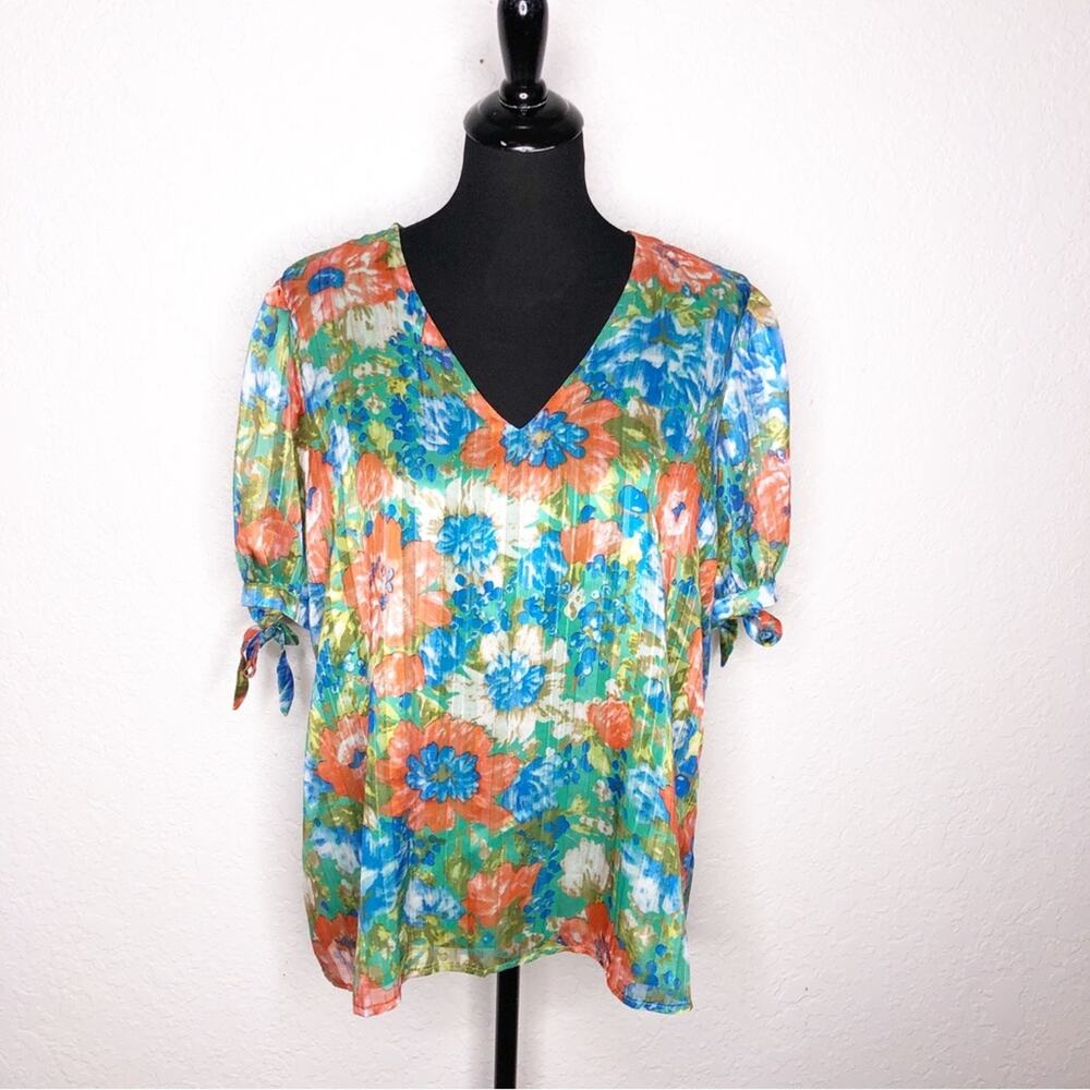 Petal Dew blue orange green metallic floral v neck top size Medium NWT